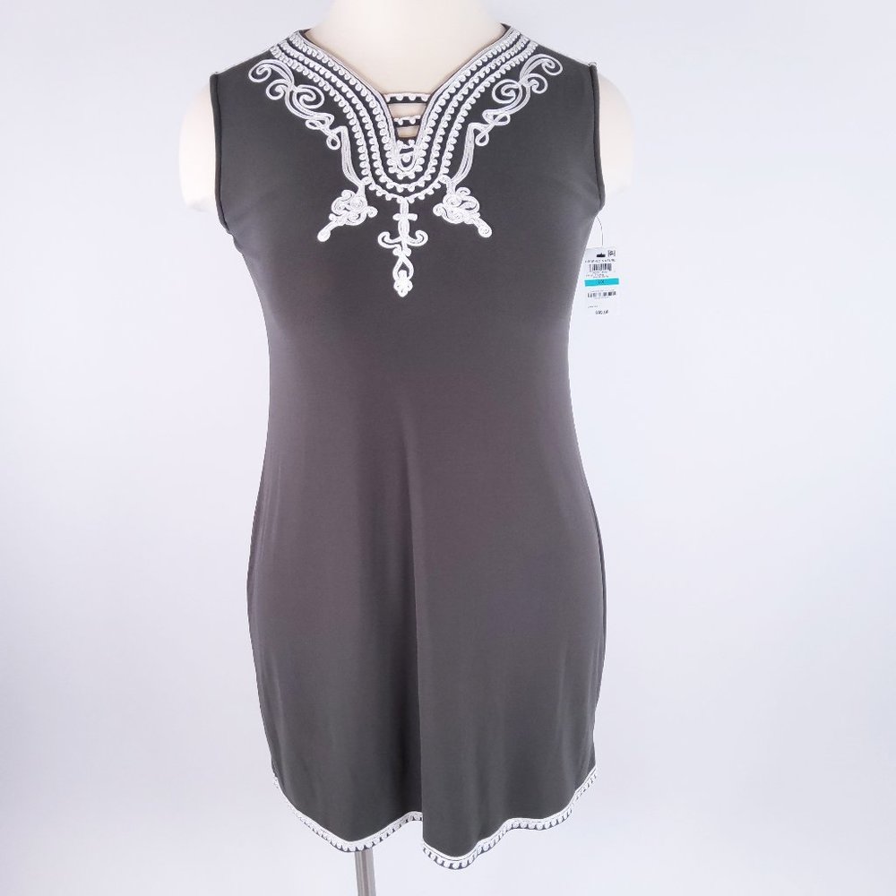 New Alfani Sleeveless Embroidered Graphic Nature Dress Urban Olive Green Size 0X